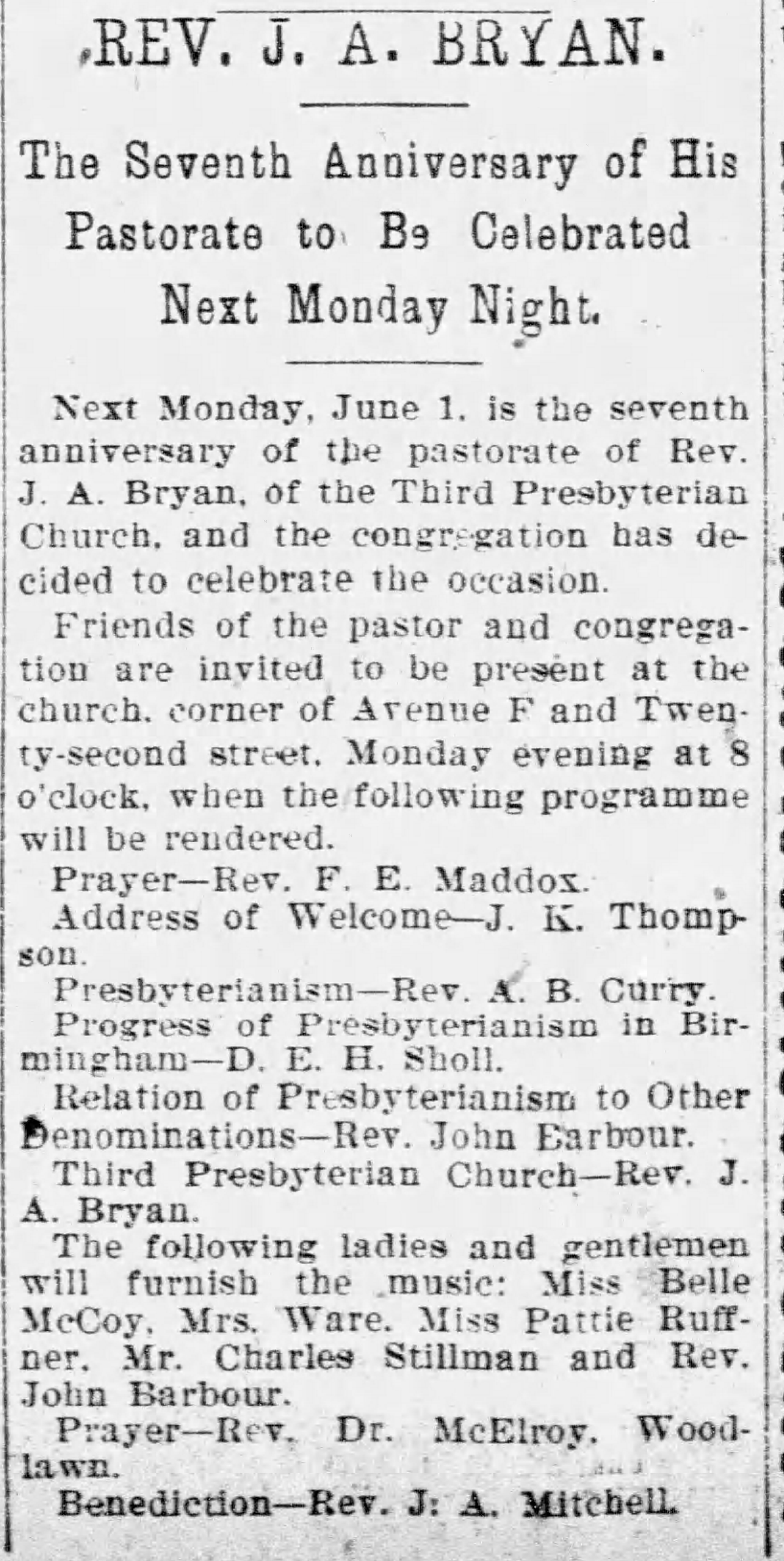 Rev. J.A. Bryan: The Seventh Anniversary of His Pastorate to Be Celebrated Next Monday Night